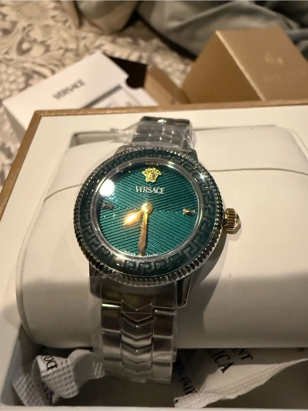Versace Silver Bracelet Watch with Green Dial and Gold Accents
